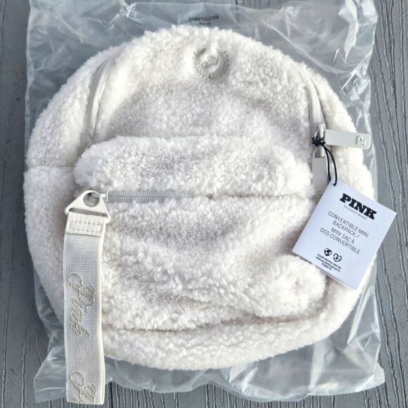 PINK Victorias Secret White Shell SHERPA CROSSBODY BAG MINI CONVERTIBLE BACKPACK - Picture 2 of 16